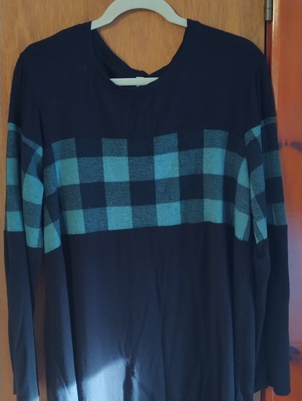 Black Long Sleeve Top with Teal Buffalo Check Panel